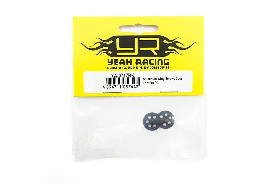 A sealed plastic bag containing two black aluminium wing screws for RC cars, with the Yeah Racing yellow and black header card visible.