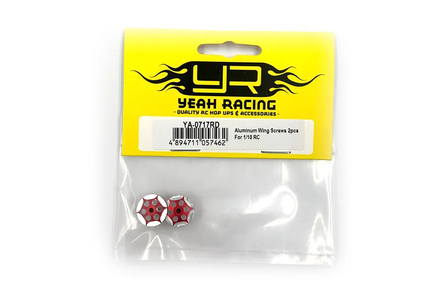 Two red aluminium wing screws for RC cars in their original Yeah Racing packaging.