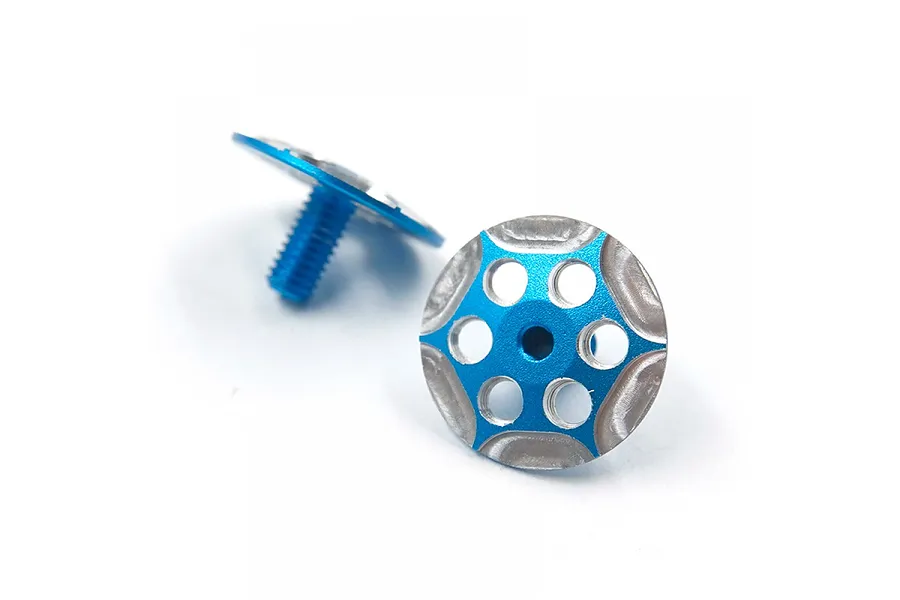 Two blue anodized aluminium wing screws with a circular, machined design featuring six holes, shown against a white background.