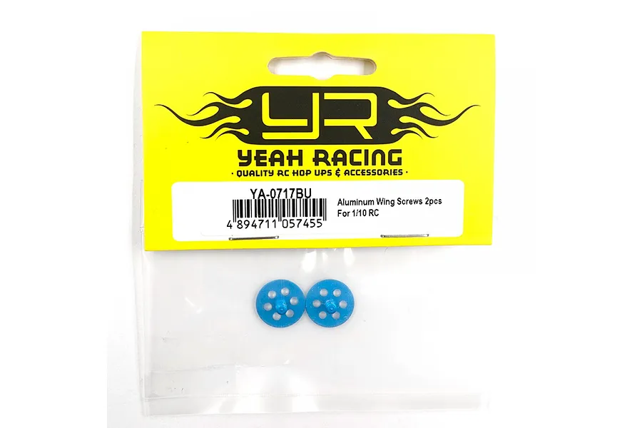 Two blue aluminium wing screws for 1/10 RC cars in Yeah Racing branded packaging.