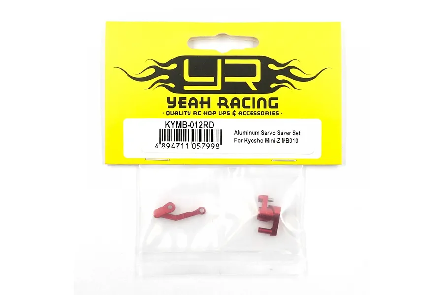 Yeah Racing red aluminium servo saver set for Kyosho Mini-Z MB010 in original yellow and white retail packaging.