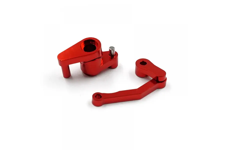 Two red anodized aluminium servo saver components for RC cars, shown against a plain white background.