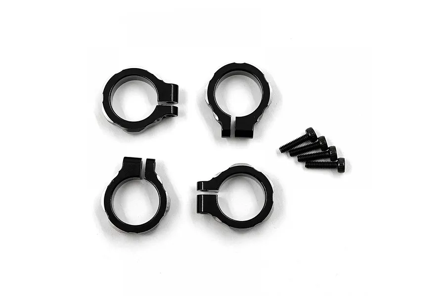 Four black aluminium suspension clamps and four small black screws arranged on a white background.