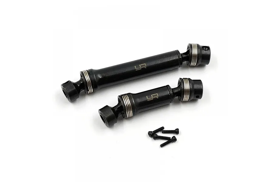 Two black metal RC driveshafts of different lengths with YR logos and four small black screws on a white background.