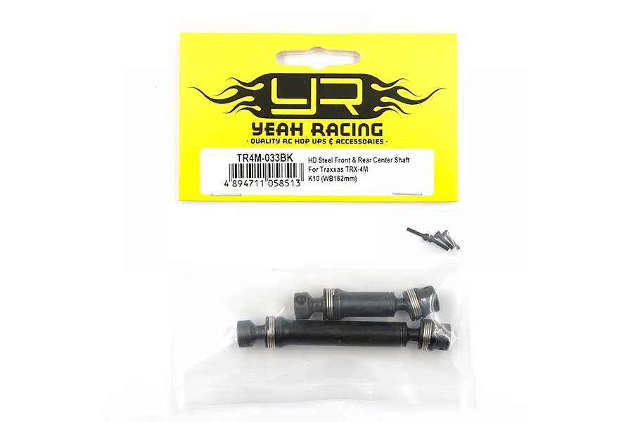 Yeah Racing HD Steel Front and Rear Centre Driveshafts for Traxxas TRX-4M in original yellow and white retail packaging.