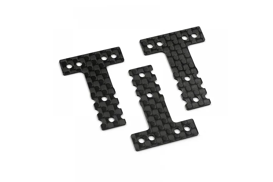 Three T-shaped graphite suspension plates for RC cars, featuring a woven carbon fiber pattern and multiple mounting holes.