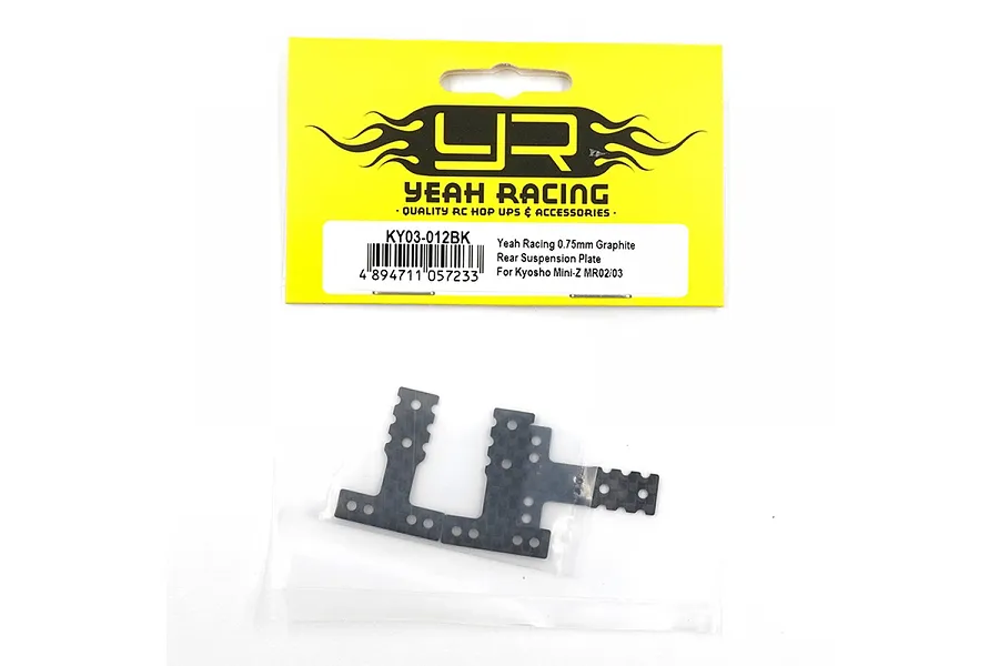 Yeah Racing graphite rear suspension T-plates for Kyosho Mini-Z in original yellow and white retail packaging.