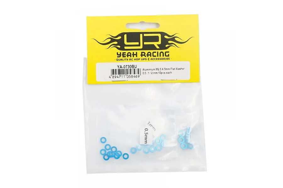 Yeah Racing blue aluminium flat washer set in original yellow and white retail packaging.