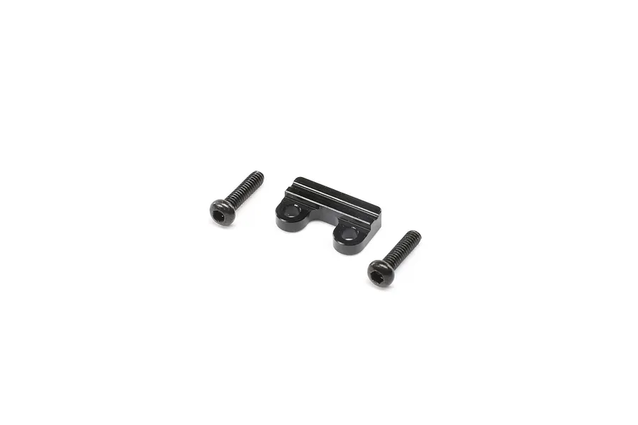 A black metal rear sway bar mount for an RC car, accompanied by two matching black hex-head screws, isolated on a white background.
