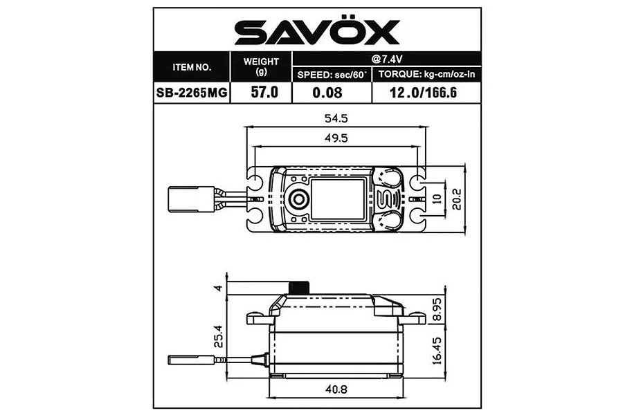 Technical dimension diagram for the Savox SB-2265MG servo, showing top and side views with measurements in millimeters.