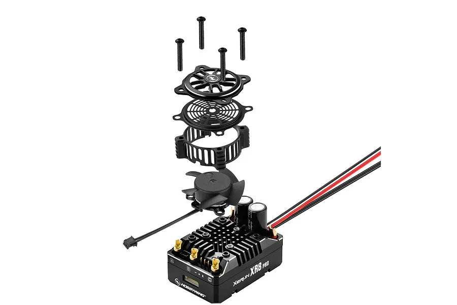 Exploded view of a Hobbywing XR8 Pro G3 brushless ESC showing the cooling fan, fan shroud, and mounting screws detached from the main unit.
