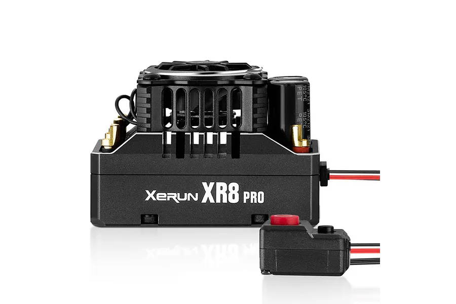 Hobbywing Xerun XR8 Pro brushless ESC unit with integrated cooling fan and external power switch, shown against a white background.