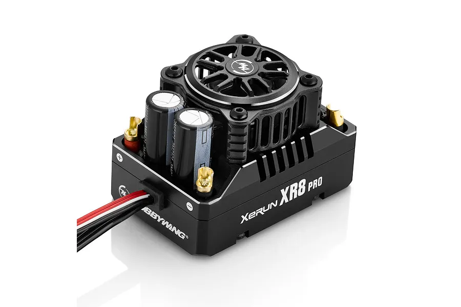 Hobbywing Xerun XR8 Pro G3 200A Sensored Brushless ESC with integrated cooling fan and capacitors on a white background.
