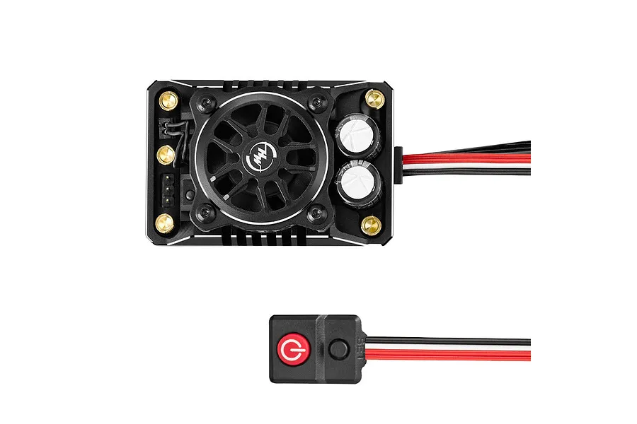 Top-down view of a Hobbywing XR8 Pro G3 brushless ESC with an integrated cooling fan, capacitors, and a separate power switch module.