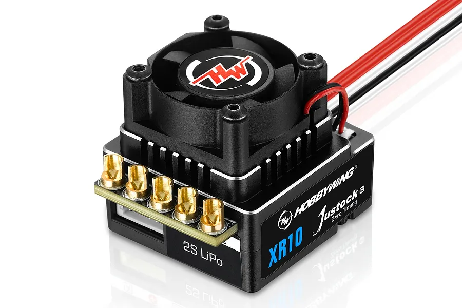 Hobbywing XR10 Justock G3 60A sensored brushless ESC with cooling fan and gold-plated connectors on a white background.