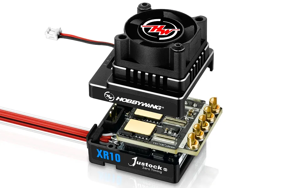 Hobbywing XR10 Justock G3 60A sensored brushless ESC with the cooling fan assembly lifted to show the internal circuit board and gold-plated connectors.