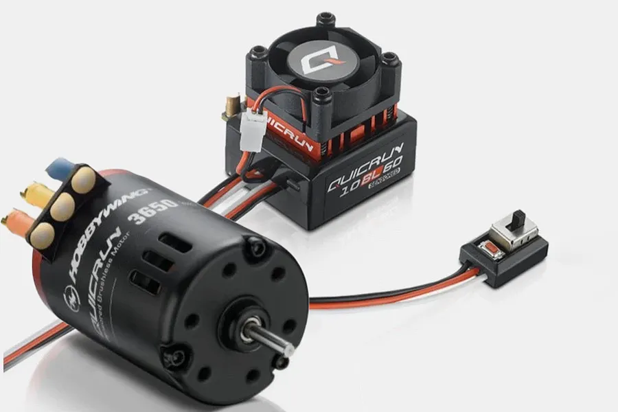 Hobbywing QuicRun 3650 G2 brushless motor and 10BL60 ESC combo set on a white background.