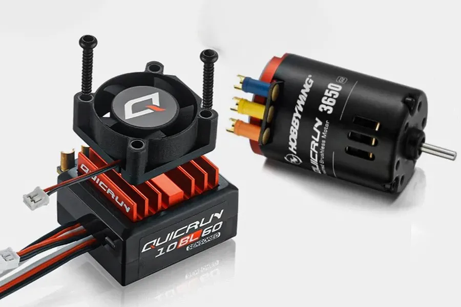 Hobbywing QuicRun 10BL60 ESC with cooling fan and 3650 G2 brushless motor side by side on a white background.