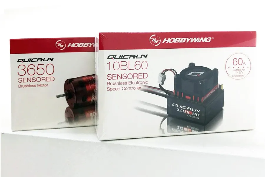 Two Hobbywing QuicRun product boxes for a 3650 sensored brushless motor and a 10BL60 sensored electronic speed controller.