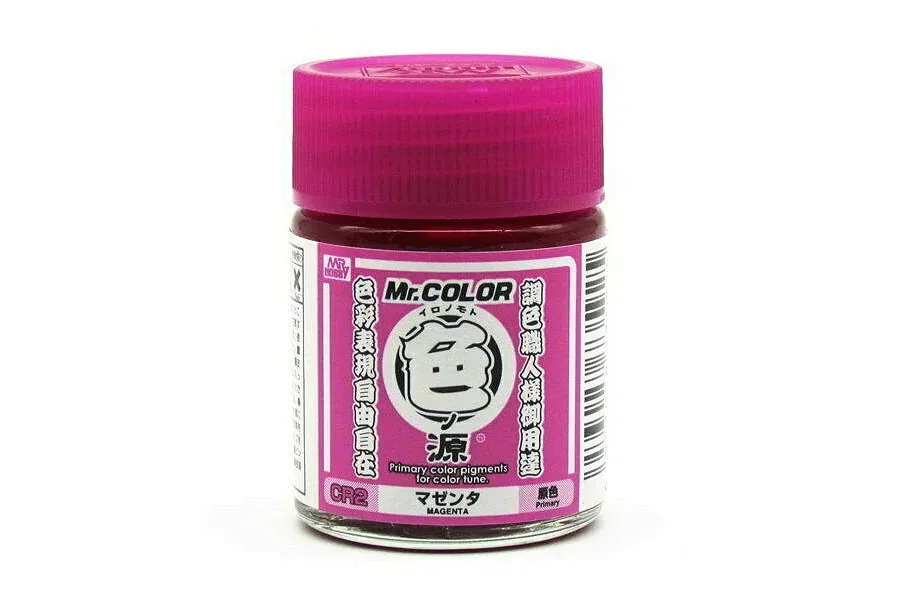 A small glass jar of Mr. Color Magenta primary color pigment paint with a bright pink screw-on cap against a white background.