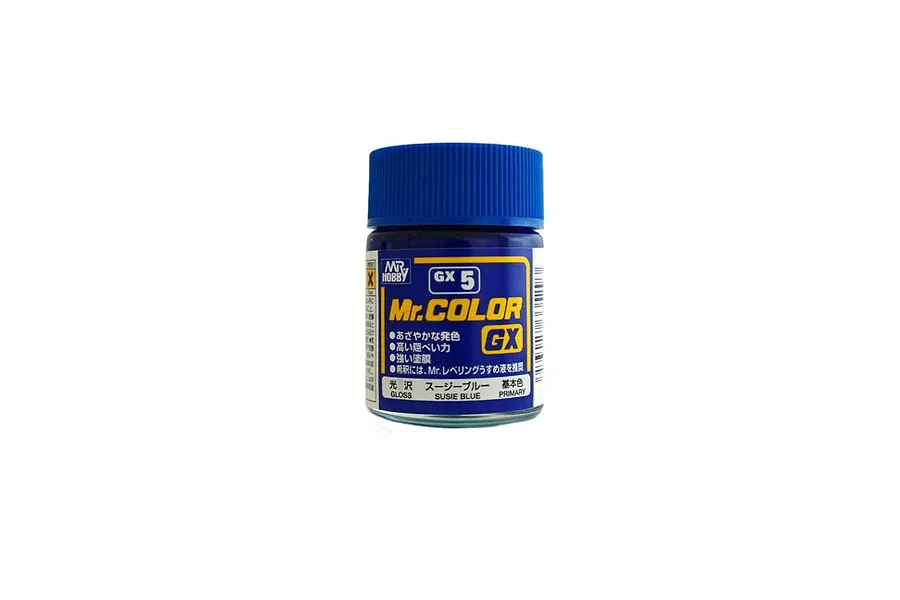 A small glass jar of Mr. Hobby GX Susie Blue model paint with a blue screw-top lid against a white background.