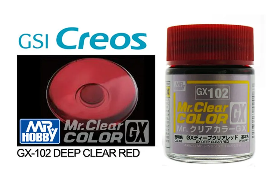 Mr. Hobby GX102 Deep Clear Red paint bottle with a red cap, shown next to branding and a sample of the translucent red color.