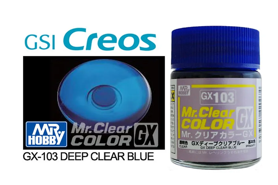 A bottle of Mr. Hobby GX103 Deep Clear Blue acrylic paint next to a sample swatch of the translucent blue color.