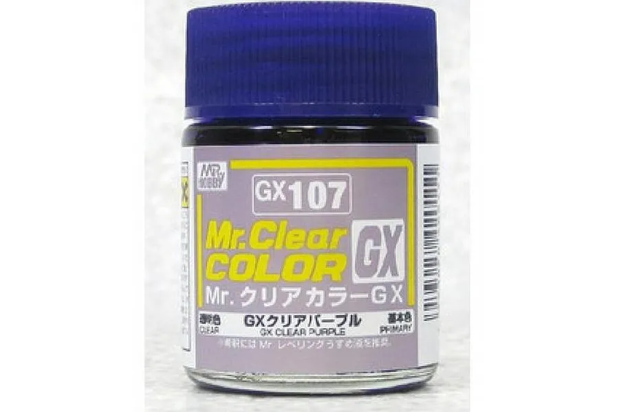 A 10ml jar of Mr. Hobby GX Clear Purple model paint with a blue screw-top lid against a white background.