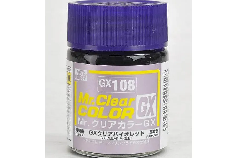 A small glass jar of Mr. Hobby GX108 Clear Violet paint with a purple screw-top lid against a plain white background.