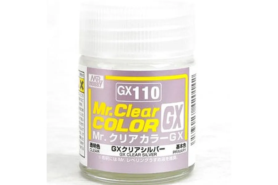 A small glass jar of Mr. Hobby GX Clear Silver paint, model number GX110, featuring a white cap and a label with yellow and purple text.