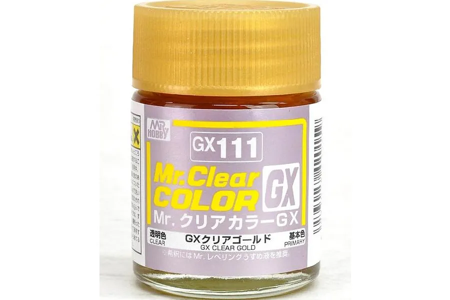 A 10ml jar of Mr. Hobby GX Clear Gold acrylic paint with a gold screw-top lid and a label featuring the text GX111 and Mr. Clear Color.