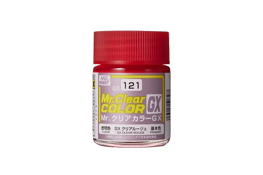 A 10ml bottle of Mr. Hobby GX Clear Rouge paint with a red cap against a white background.