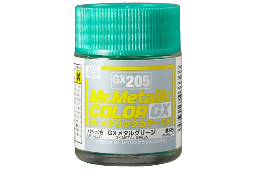 A bottle of Mr. Hobby GX Metallic Green paint, model GX205, featuring a green screw-top lid and a label with Japanese and English text.