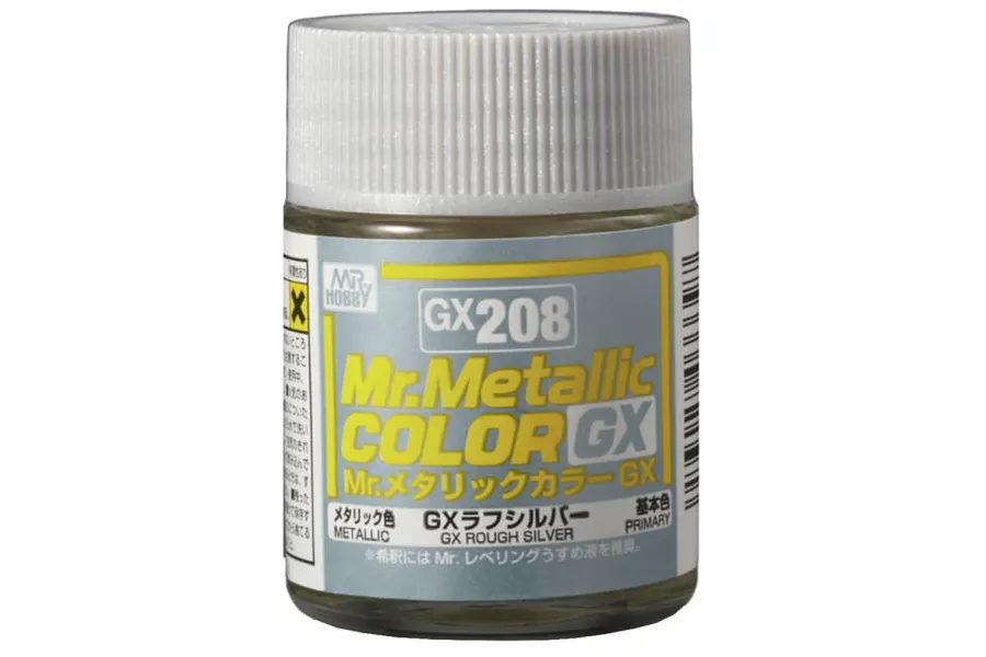 A small glass jar of Mr. Hobby GX Metallic Rough Silver paint with a white screw-on cap and a label featuring yellow and silver text.