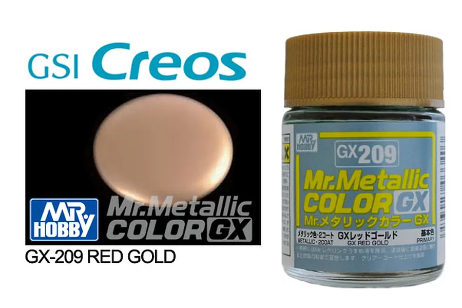 A bottle of Mr. Hobby GX Metallic Red Gold paint (GX209) next to a color swatch and brand logo on a white background.