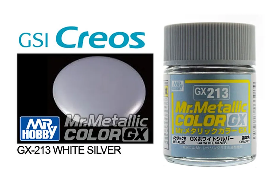 A bottle of Mr. Hobby GX Metallic White Silver acrylic paint, model GX213, shown with a color swatch and GSI Creos branding.