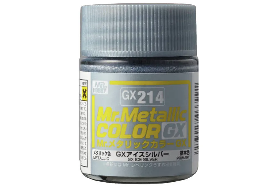 A 18ml glass jar of Mr. Hobby GX Metallic Ice Silver paint with a silver screw-top lid and a label featuring yellow and white text.
