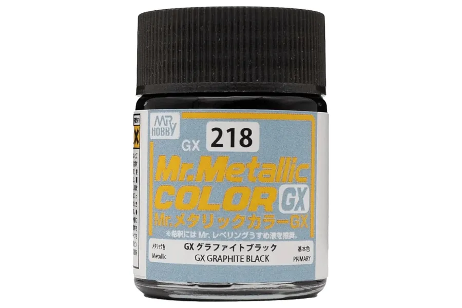 A 18ml jar of Mr. Hobby GX Metallic Graphite Black paint, featuring a black screw-top lid and a label with yellow and blue text.