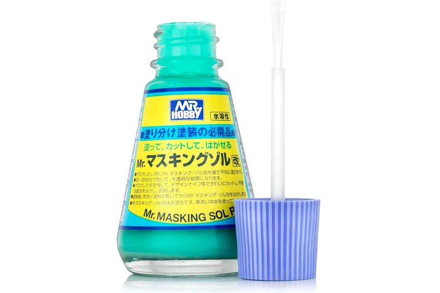A bottle of Mr. Hobby Masking Sol R with a blue cap and applicator brush, set against a white background.