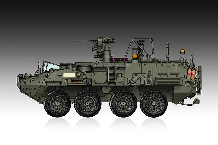 A digital side-profile illustration of a US M1135 Stryker NBC RV military vehicle in olive green, showing eight wheels and mounted equipment.
