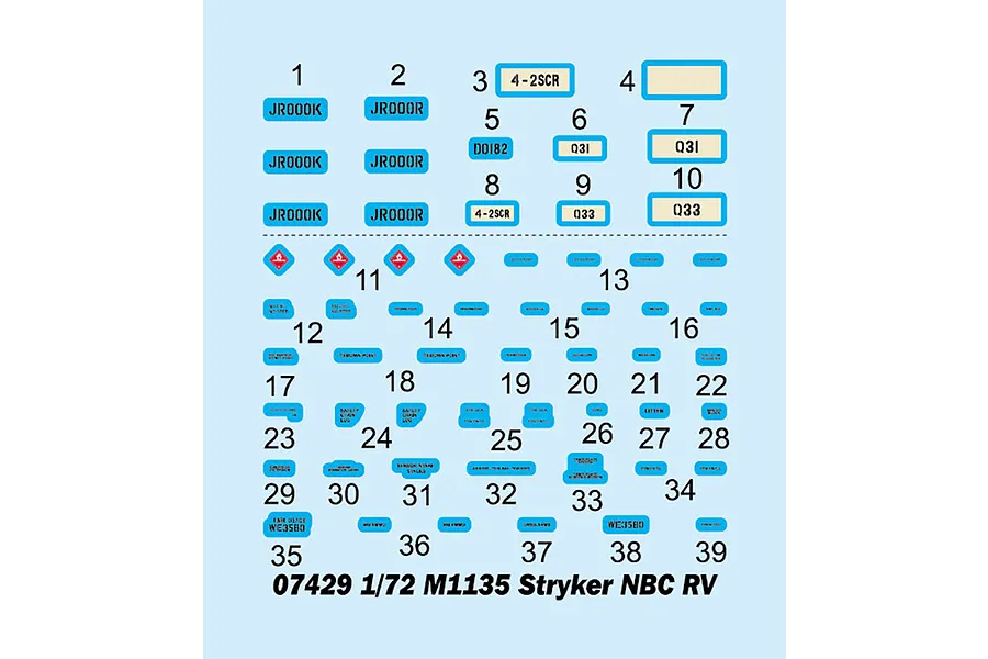 A sheet of waterslide decals for a 1/72 scale Trumpeter M1135 Stryker NBC RV model kit, featuring various military markings, numbers, and warning labels.