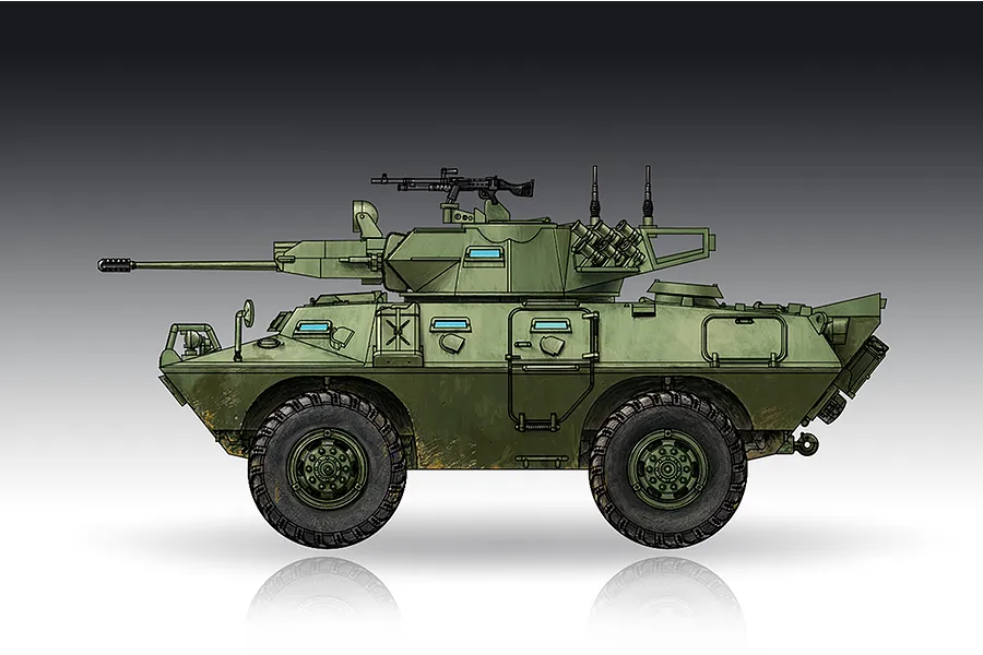 A digital illustration of a V-150 Commando armoured personnel carrier viewed from the side, featuring a 20mm cannon and olive green camouflage.