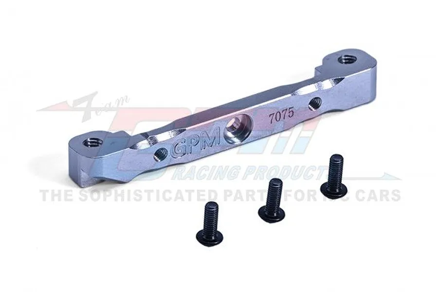 GPM Racing silver 7075 aluminium front upper suspension mount for RC cars with three included black screws.
