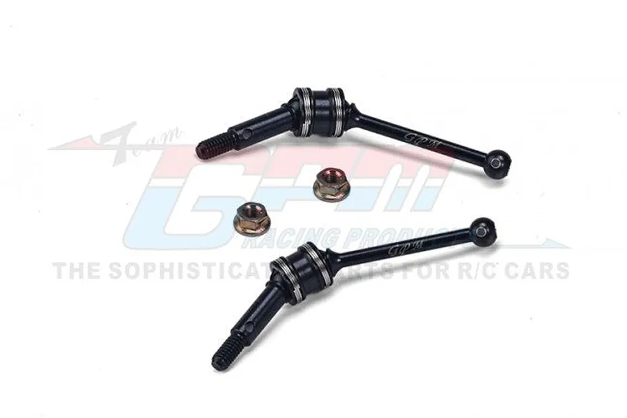 Two black GPM Racing carbon steel CVD driveshafts and two wheel nuts on a white background with a faint GPM logo watermark.