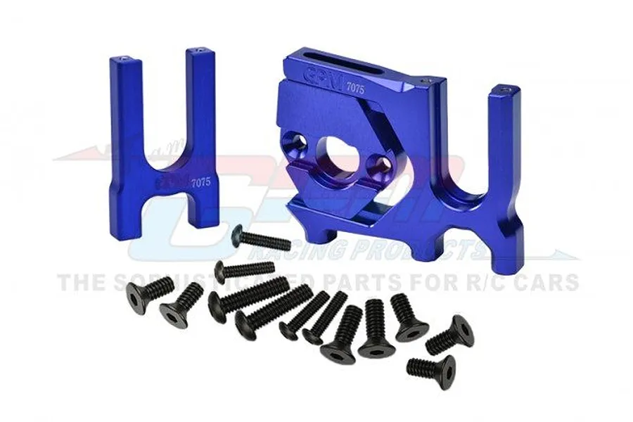 GPM Racing blue anodized aluminium motor mount and support brace with included black screws on a white background.