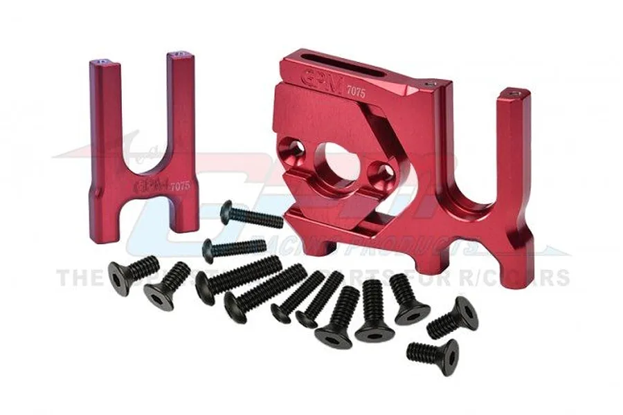 GPM Racing red anodized 7075 aluminium motor mount and differential support components with included black screws on a white background.
