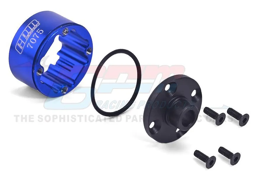 GPM Racing blue aluminium differential case, black end cap, rubber O-ring, and four black screws on a white background.