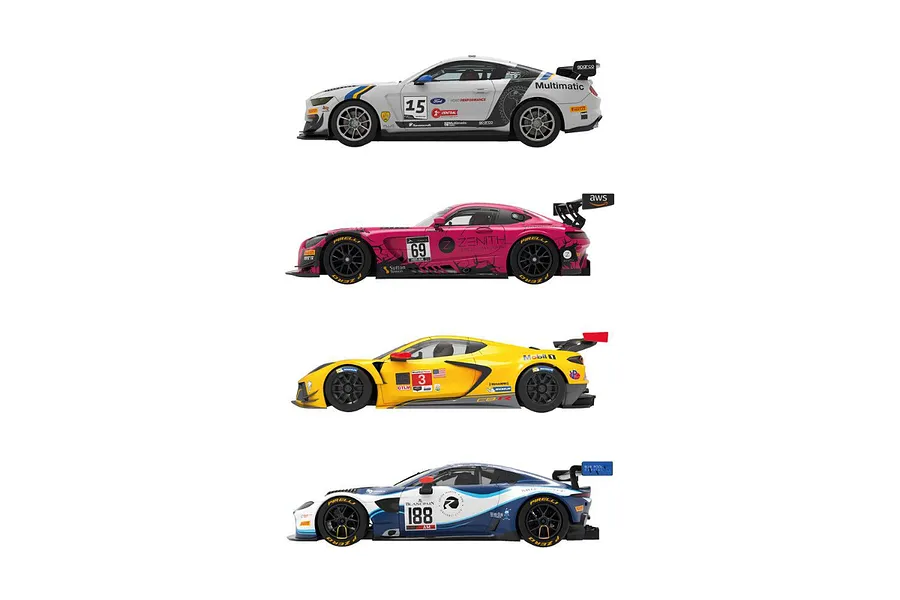 Four Scalextric 1/32 scale slot cars shown in profile view, including a white Ford Mustang, pink Mercedes-AMG, yellow Corvette, and blue Aston Martin.