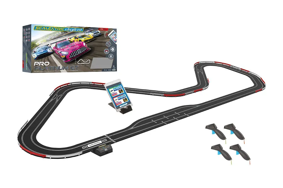 Scalextric ARC Pro Platinum GT slot car track set including a box, assembled track layout, tablet display, and four wireless hand controllers.