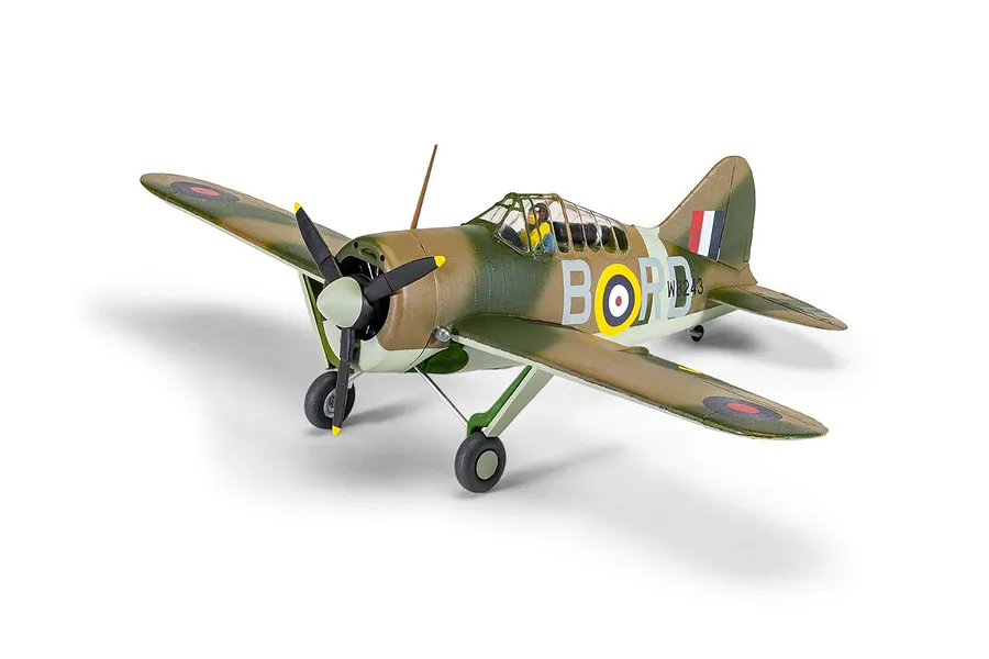 A fully assembled and painted 1/72 scale plastic model of a Brewster Buffalo fighter plane in camouflage livery.